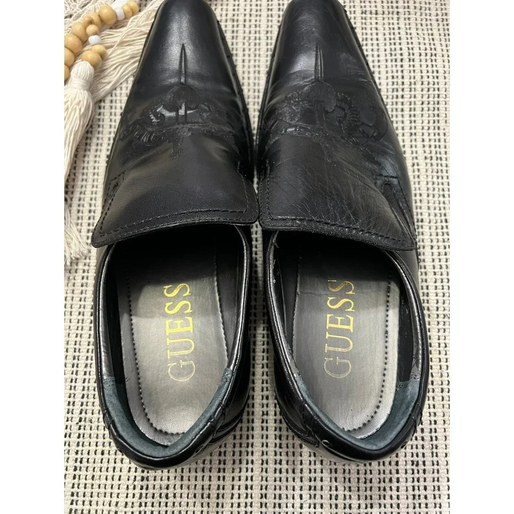 Guess Mgmicky Black Leather Embossed Sword & Wings Western Loafers Size 10M